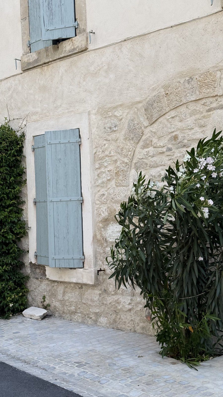 Stenfasad i Languedoc med ljusblå fönsterluckor i trä och en blommande oleander